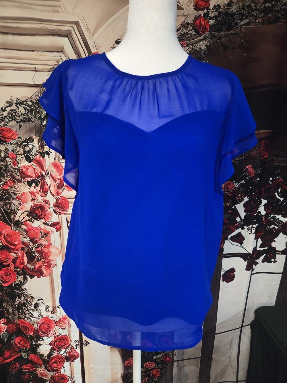 Monteau Electric Blue Sheer Yoke Flutter Sleeve Blouse